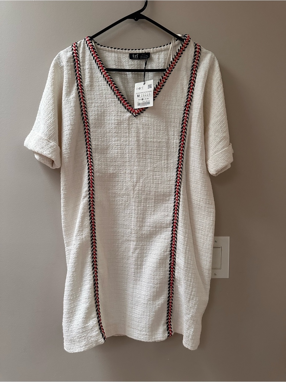 Zara TRF Collection White Shift Mini Dress White with Red-Black Trim